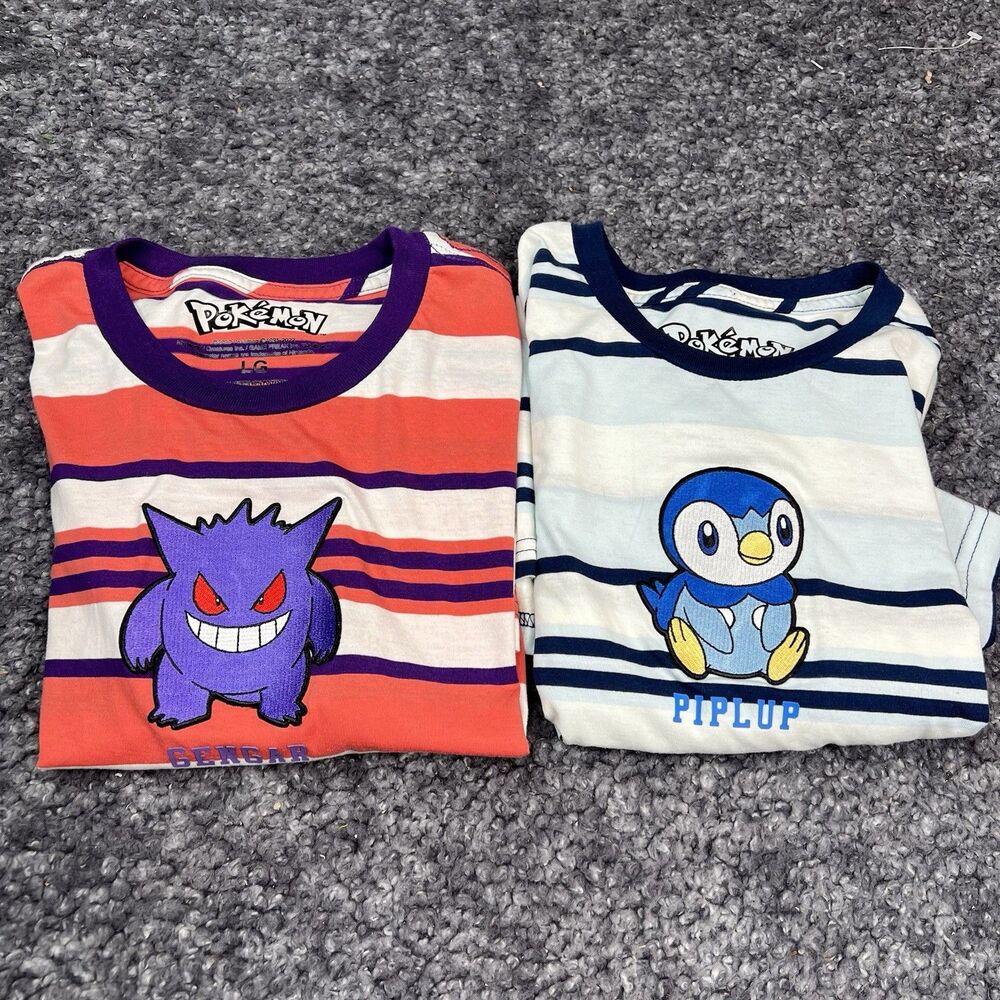 (2) Pokemon Mens Small Striped Piplup & Gender Patch T-Shirts GUC